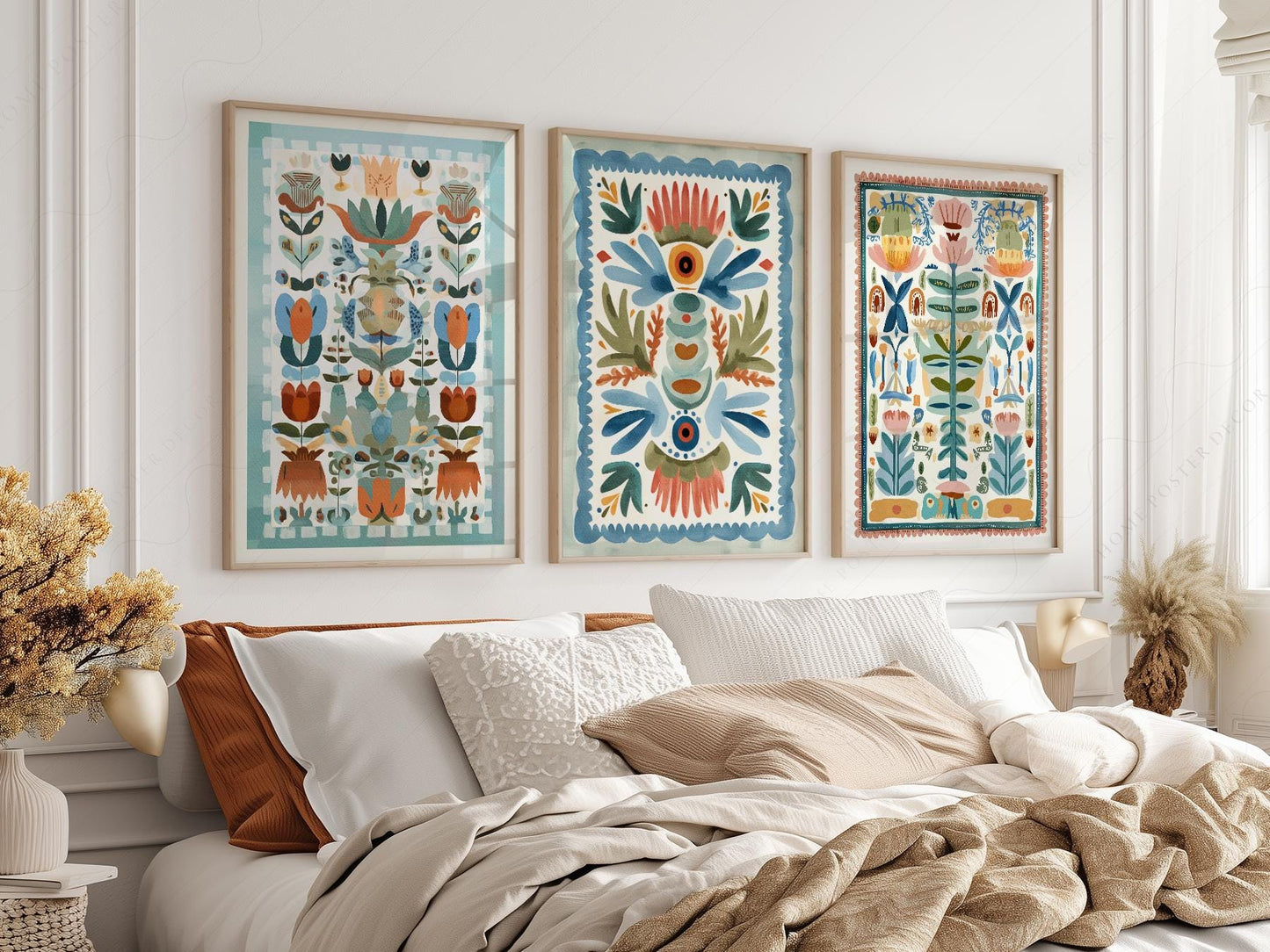 Boho Folk Art Floral Print Set of 3 – Tapestry Style – classic art print reproduction