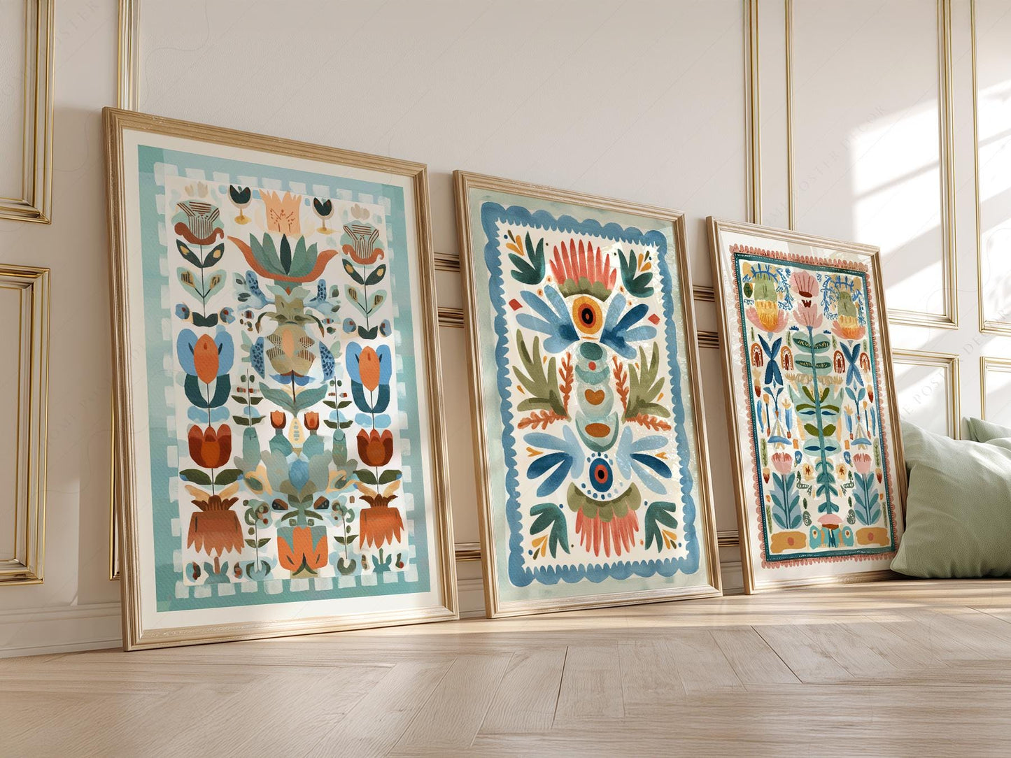 Boho Folk Art Floral Print Set of 3 – Tapestry Style – archival paper art print