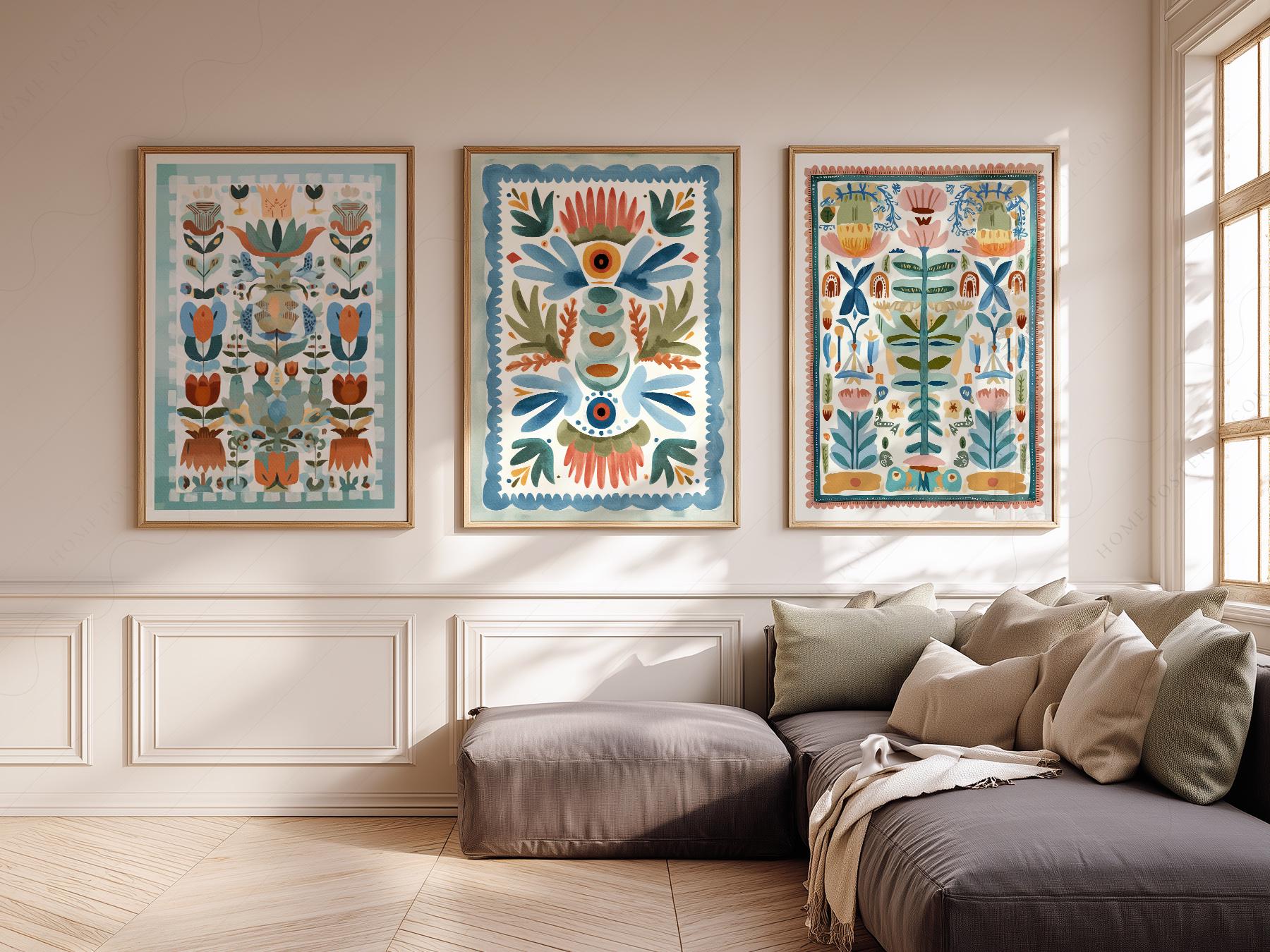 Boho Folk Art Floral Print Set of 3 – Tapestry Style – art poster for living room