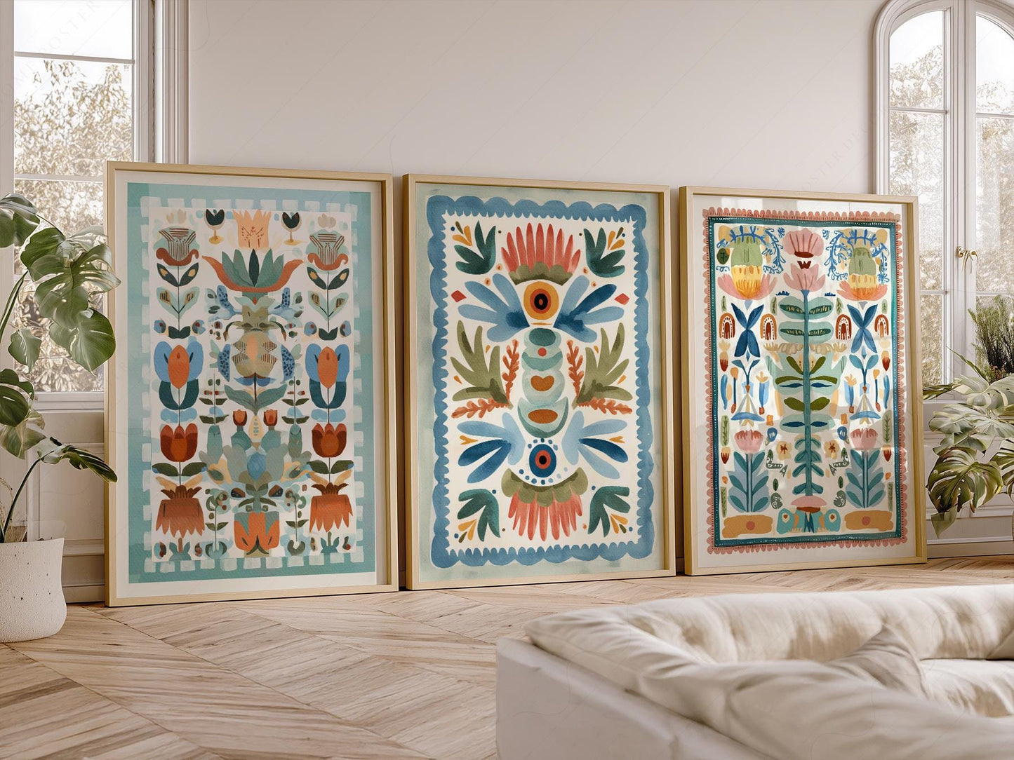 Boho Folk Art Floral Print Set of 3 – Tapestry Style – fine art print wall decor