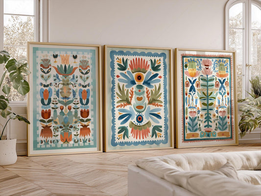 Boho Folk Art Floral Print Set of 3 – Tapestry Style – fine art print wall decor
