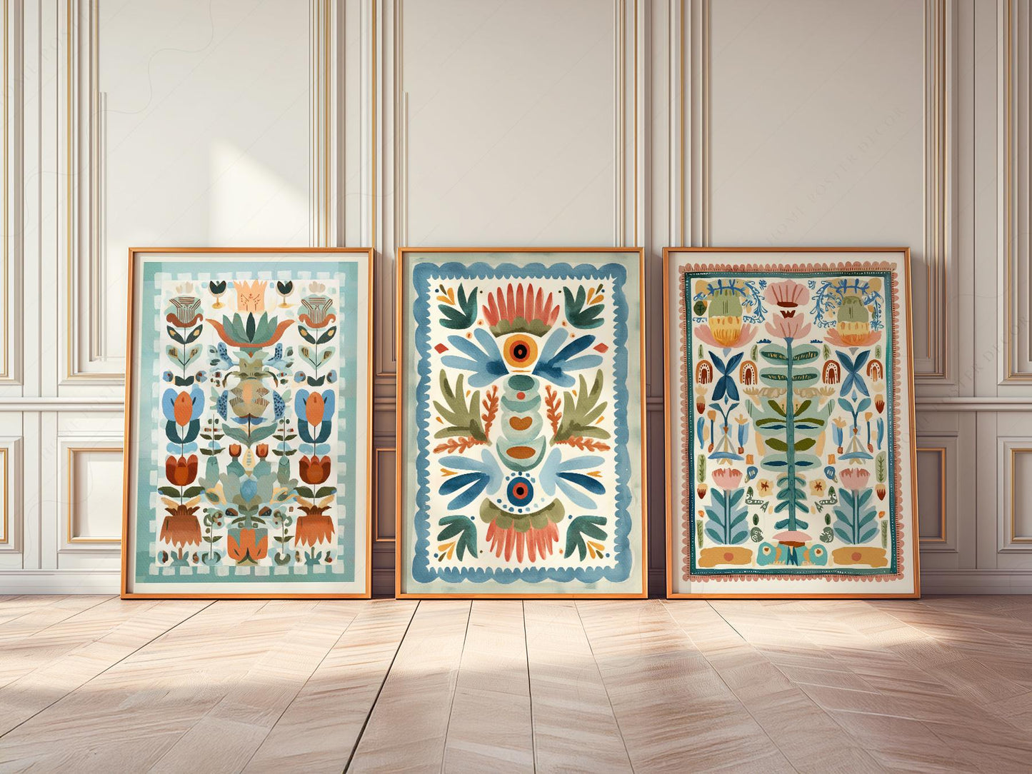Boho Folk Art Floral Print Set of 3 – Tapestry Style – high quality art print