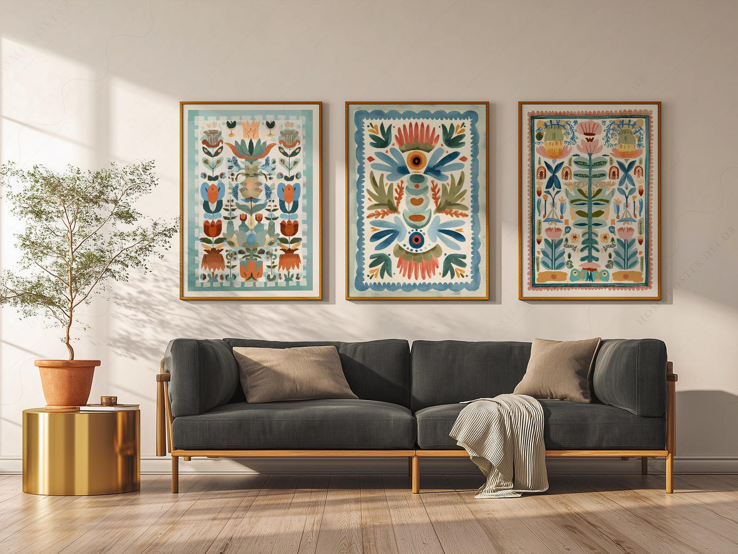 Boho Folk Art Floral Print Set of 3 – Tapestry Style – fine art wall poster