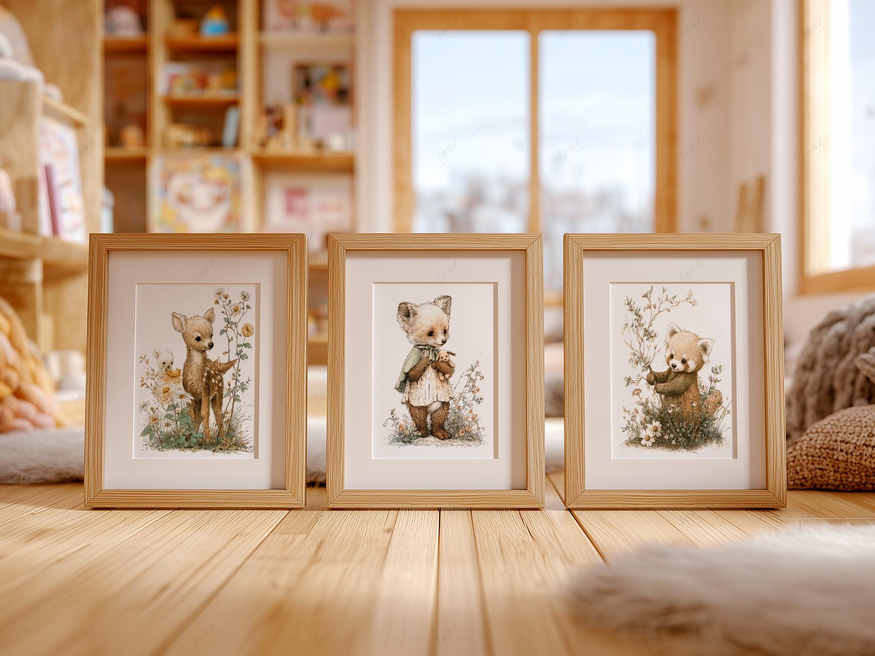 Woodland Nursery Art Set of 3 – Deer Fox Red Panda – sweet nursery wall decor