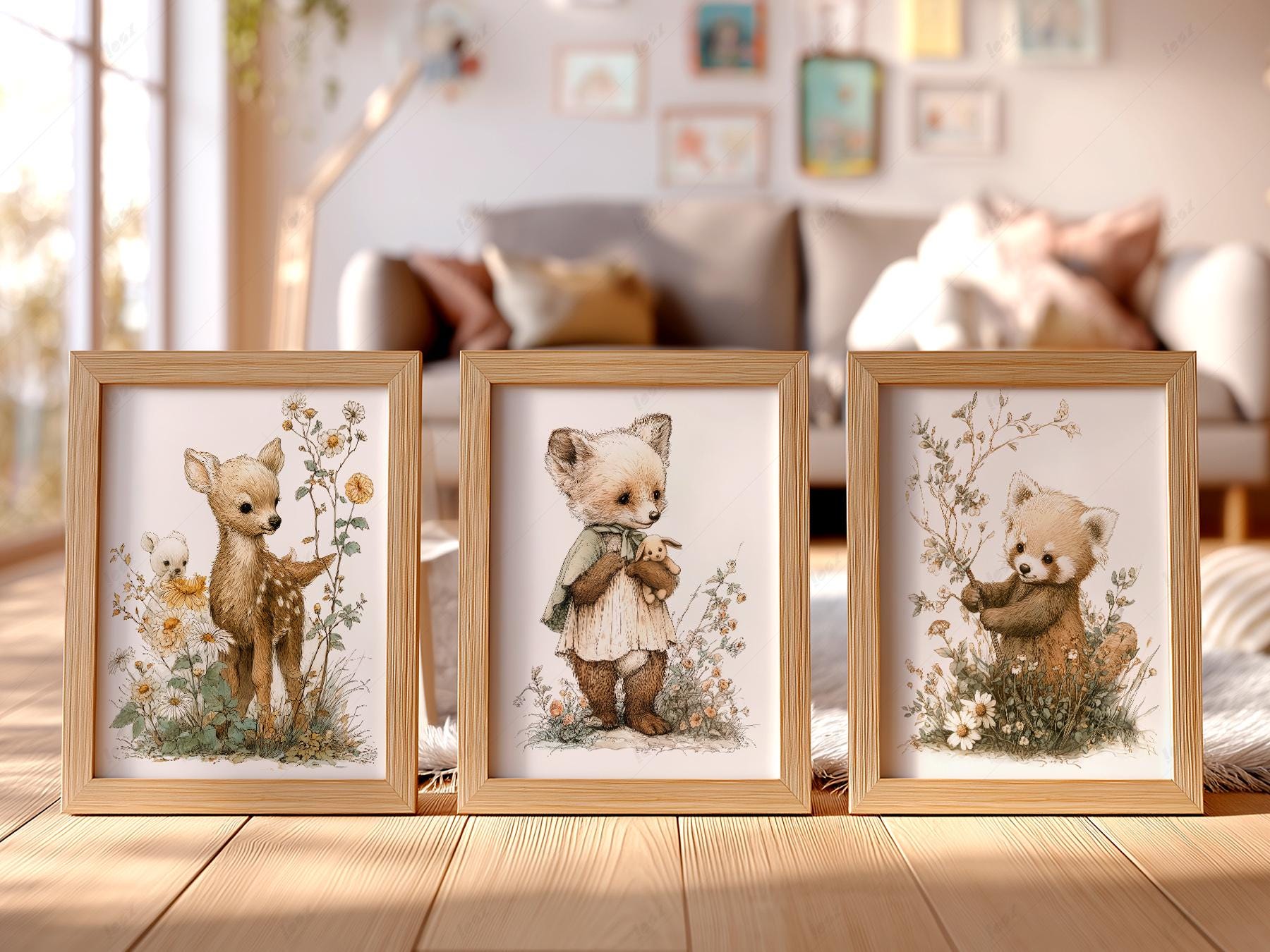 Woodland Nursery Art Set of 3 – Deer Fox Red Panda – children's room art print