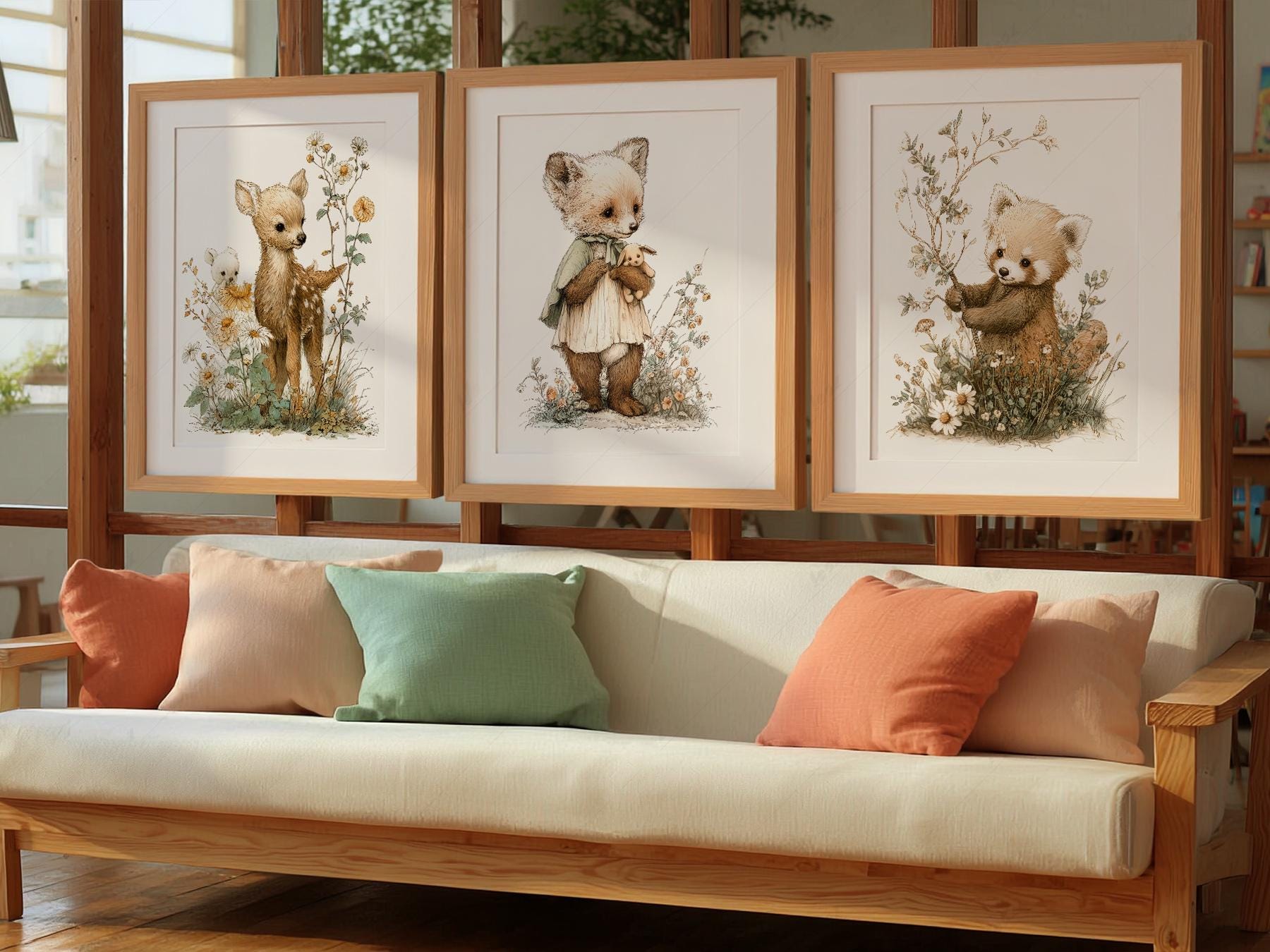 Woodland Nursery Art Set of 3 – Deer Fox Red Panda – art print for baby shower gift