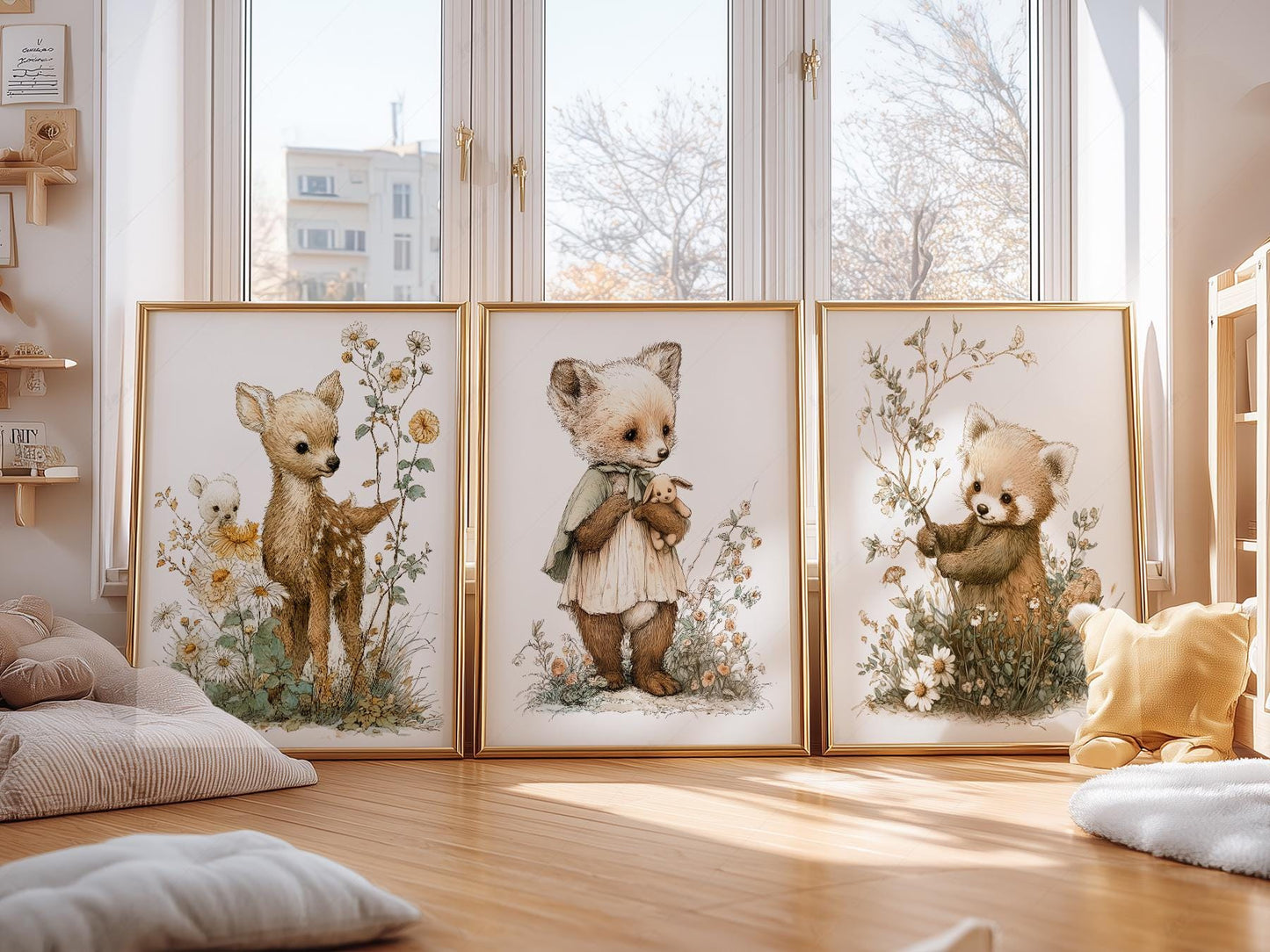 Woodland Nursery Art Set of 3 – Deer Fox Red Panda – playful nursery poster print