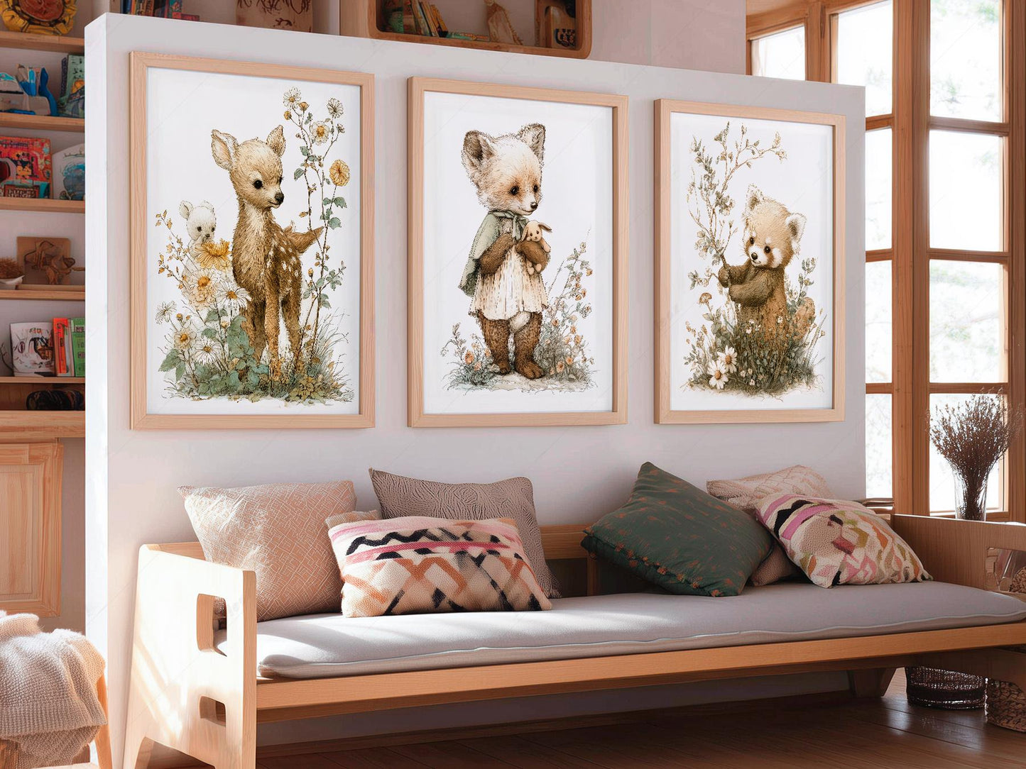 Woodland Nursery Art Set of 3 – Deer Fox Red Panda – whimsical kids room decor
