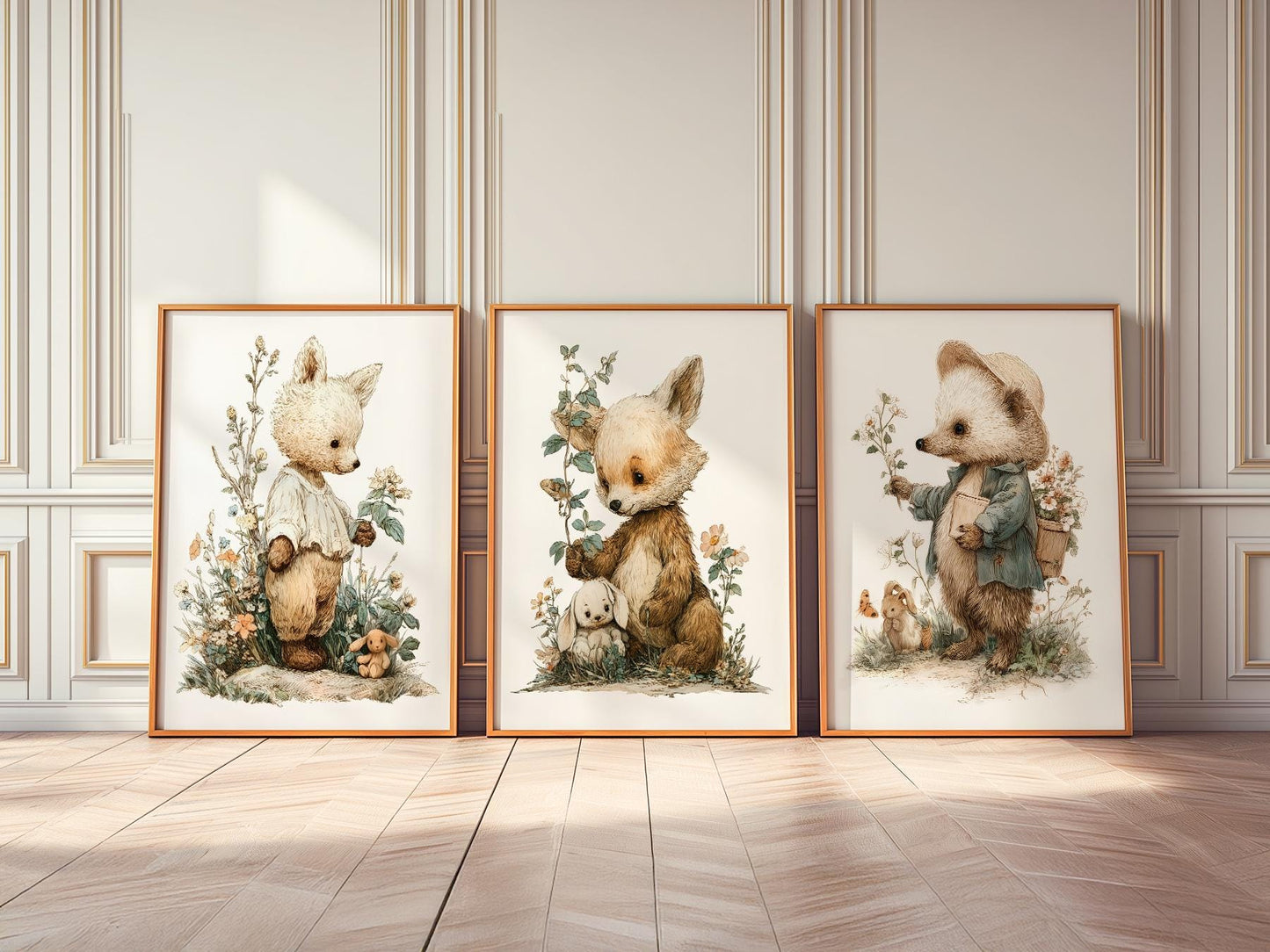 Woodland Nursery Art Set – Whimsical Forest Animals – framed nursery art print detail