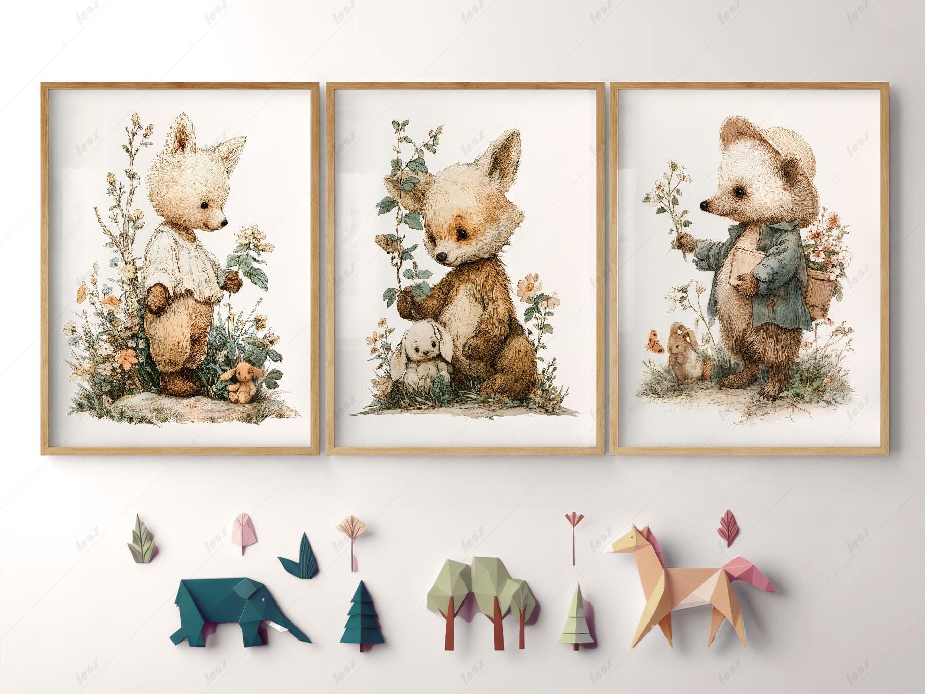Whimsical woodland nursery wall art set featuring fox, bear, and hedgehog with wildflowers and bunnies in storybook style prints.