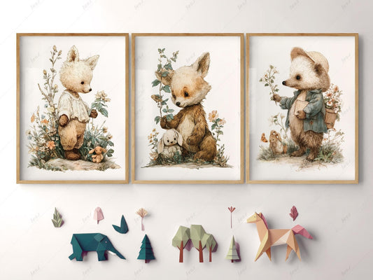Whimsical woodland nursery wall art set featuring fox, bear, and hedgehog with wildflowers and bunnies in storybook style prints.
