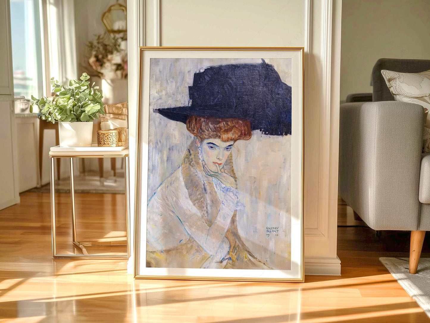 Gustav Klimt The Black Feather Hat art print featuring an elegant woman in a dark hat, vintage wall art.