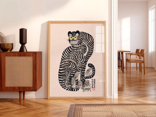Japanese talismanic tiger folk art print with bold black stripes and golden eyes as vintage wall art.