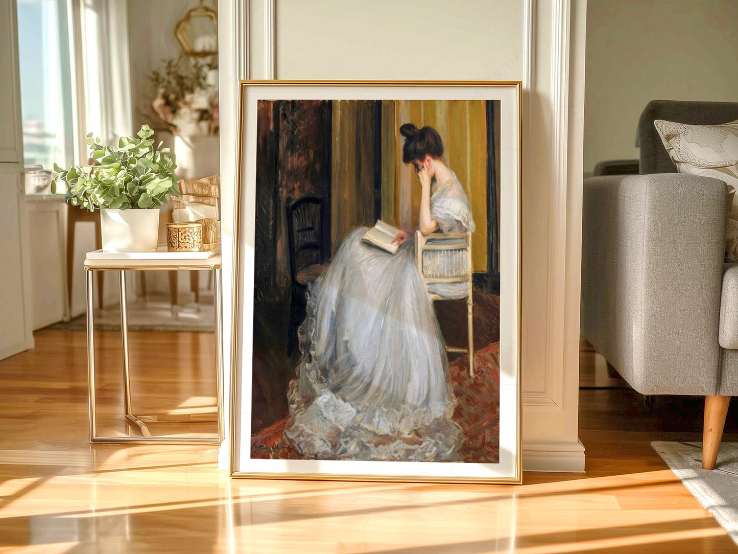 Jacques Émile Blanche art print of a woman in white gown reading a book, dark academia wall art.