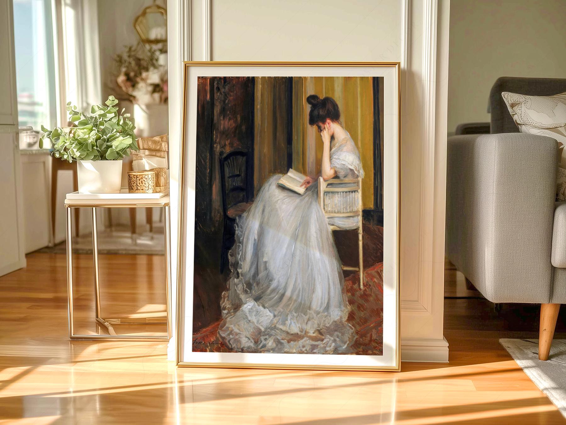 Jacques Émile Blanche art print of a woman in white gown reading a book, dark academia wall art.