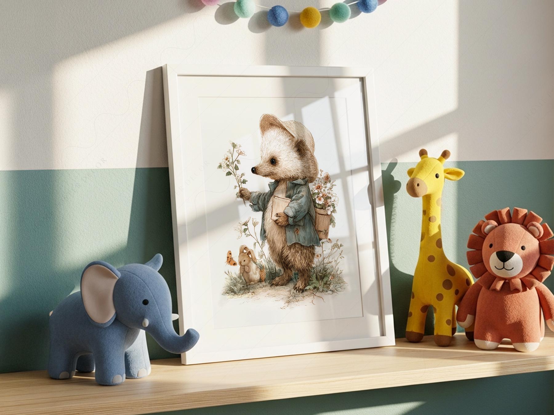 Whimsical Hedgehog Garden Print – Vintage Nursery Wall – sweet nursery wall decor