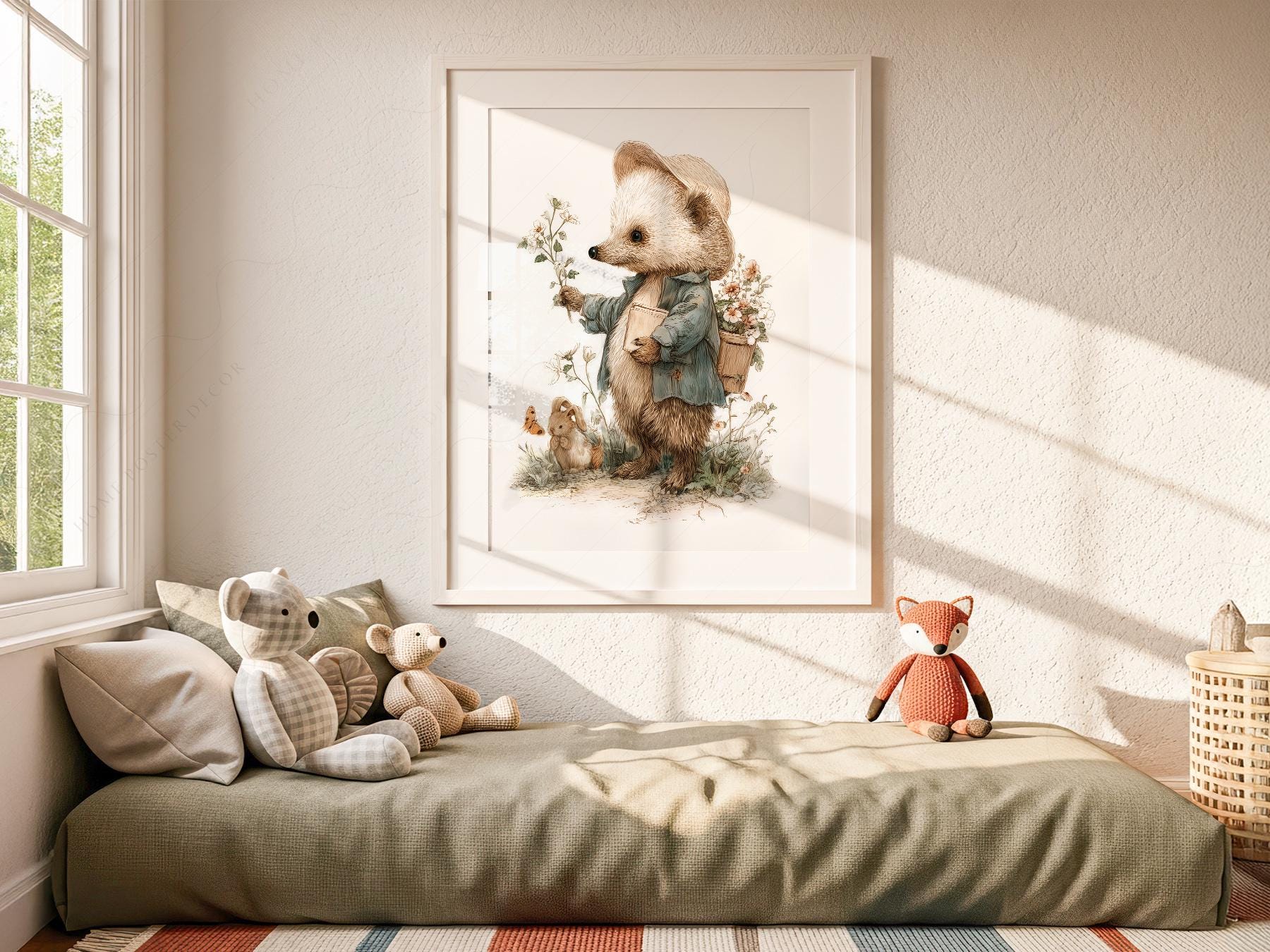 Whimsical Hedgehog Garden Print – Vintage Nursery Wall – framed nursery art print detail