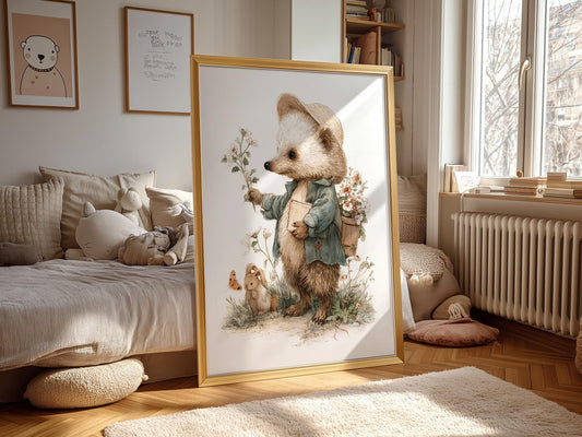 Whimsical Hedgehog Garden Print – Vintage Nursery Wall – nursery wall art for baby room