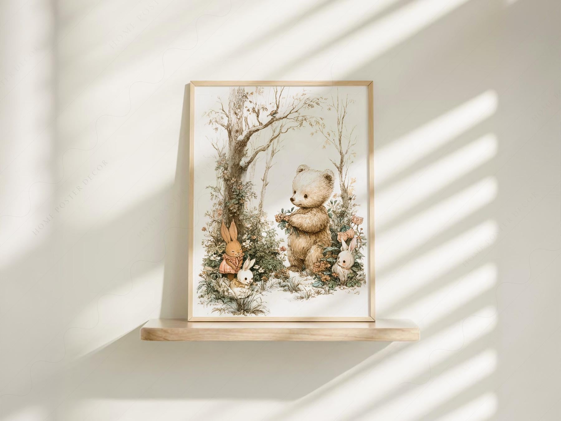 Woodland Bear and Bunnies Nursery Art Print – Neutral – children's illustration print