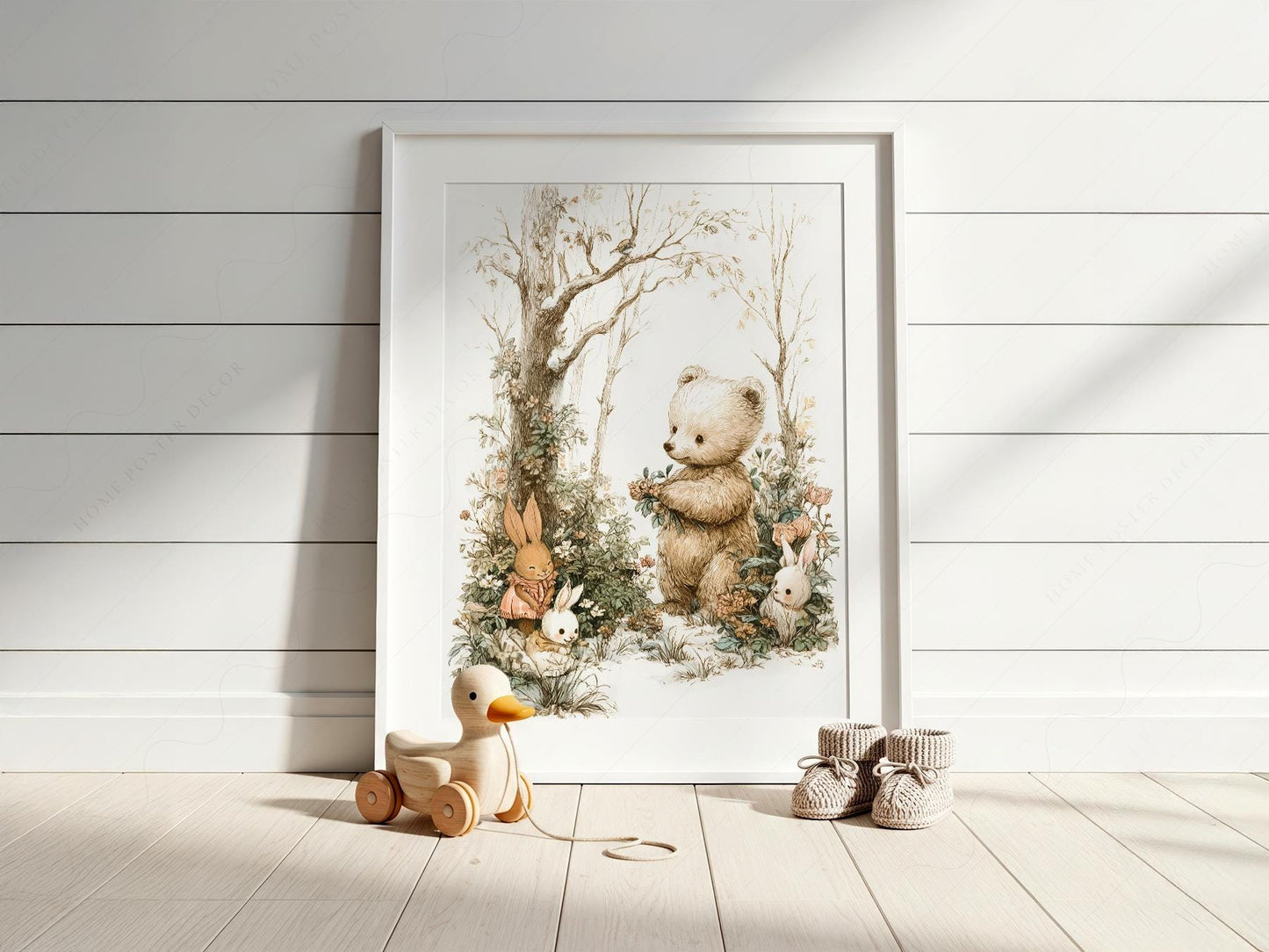 Woodland Bear and Bunnies Nursery Art Print – Neutral – framed nursery art print detail