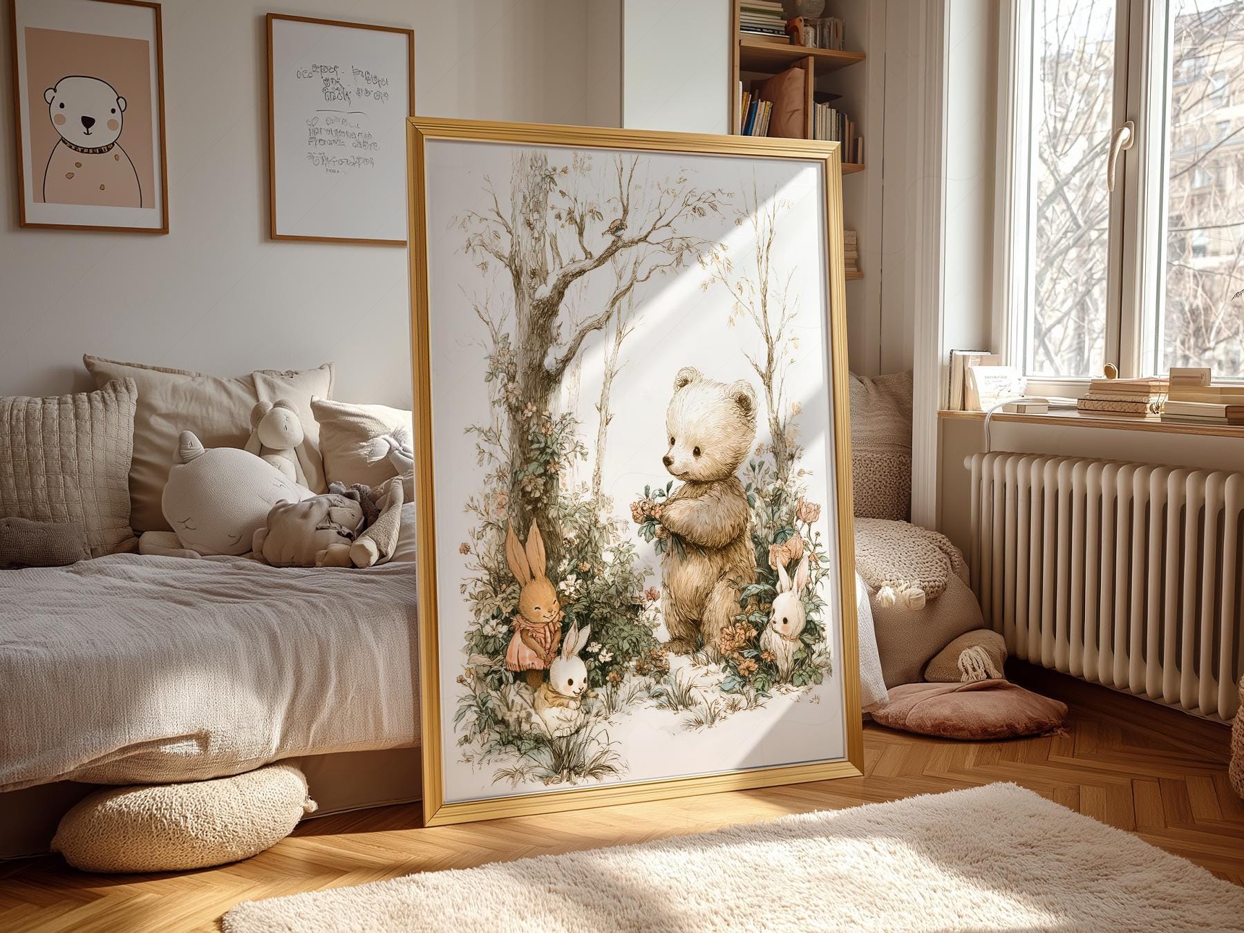 Woodland Bear and Bunnies Nursery Art Print – Neutral – playful nursery poster print
