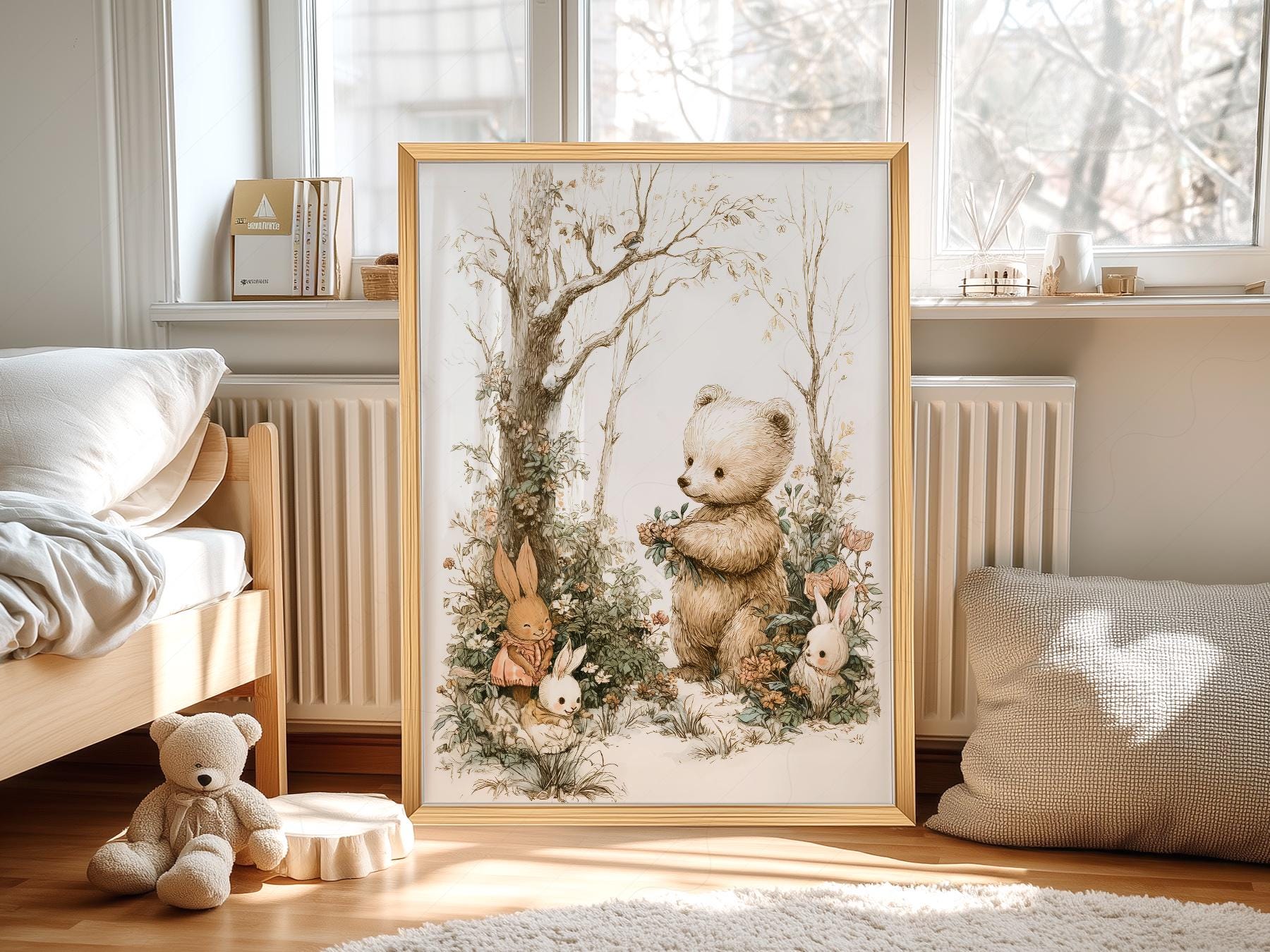 Woodland Bear and Bunnies Nursery Art Print – Neutral – sweet nursery wall decor