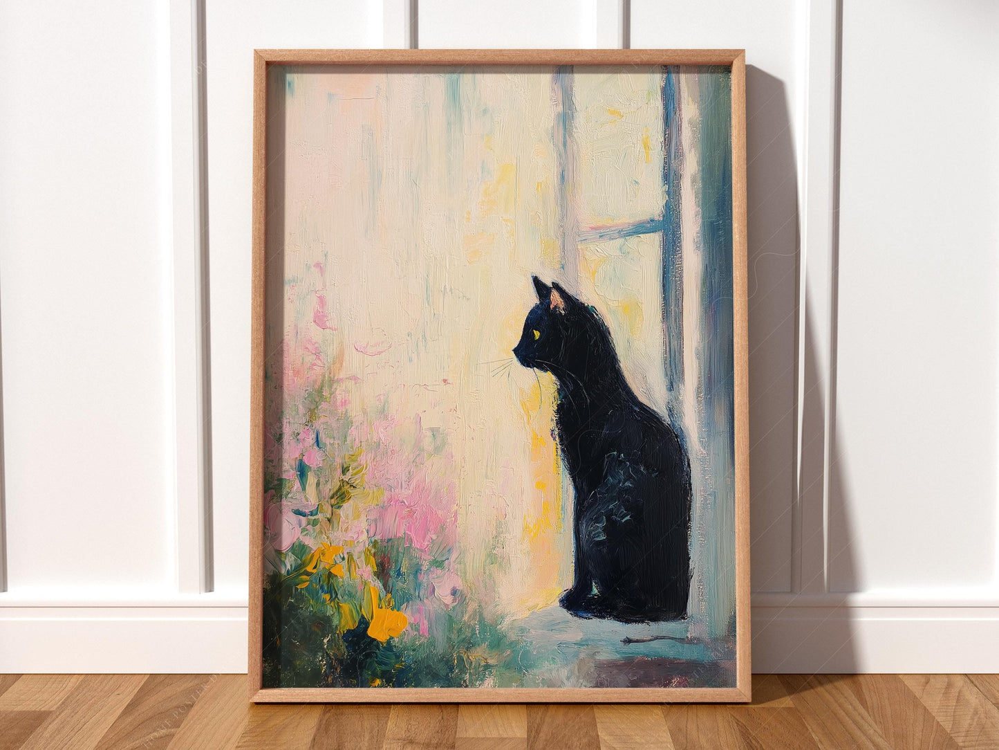 Black cat sitting by a sunlit window impressionist style art print with pastel floral background