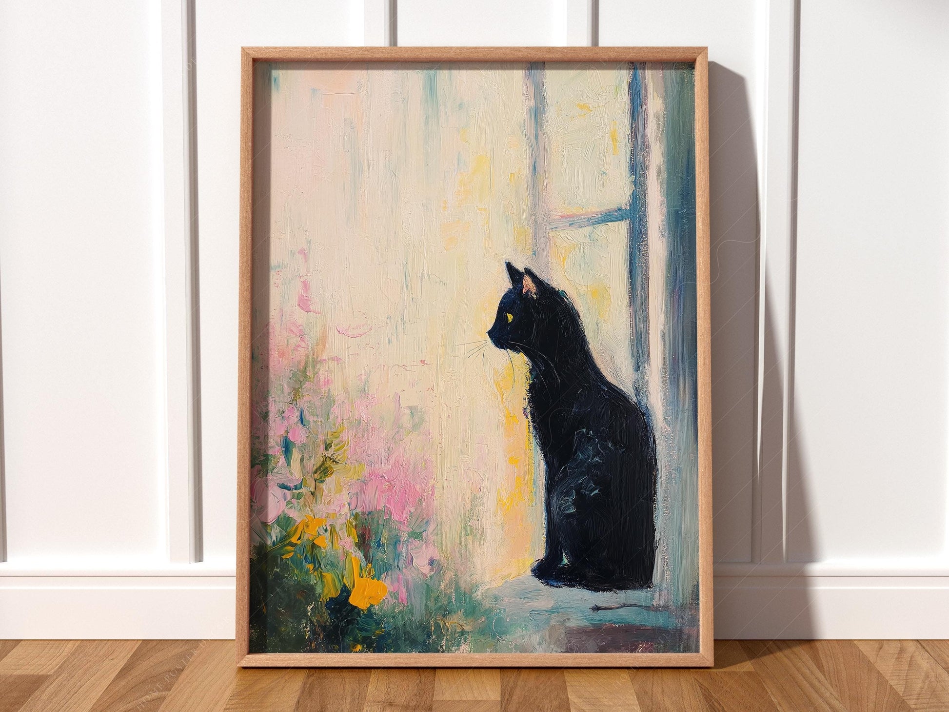 Black cat sitting by a sunlit window impressionist style art print with pastel floral background