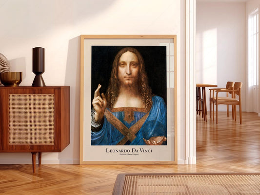Leonardo da Vinci Salvator Mundi Renaissance art print depicting Christ in blue robes as wall art.
