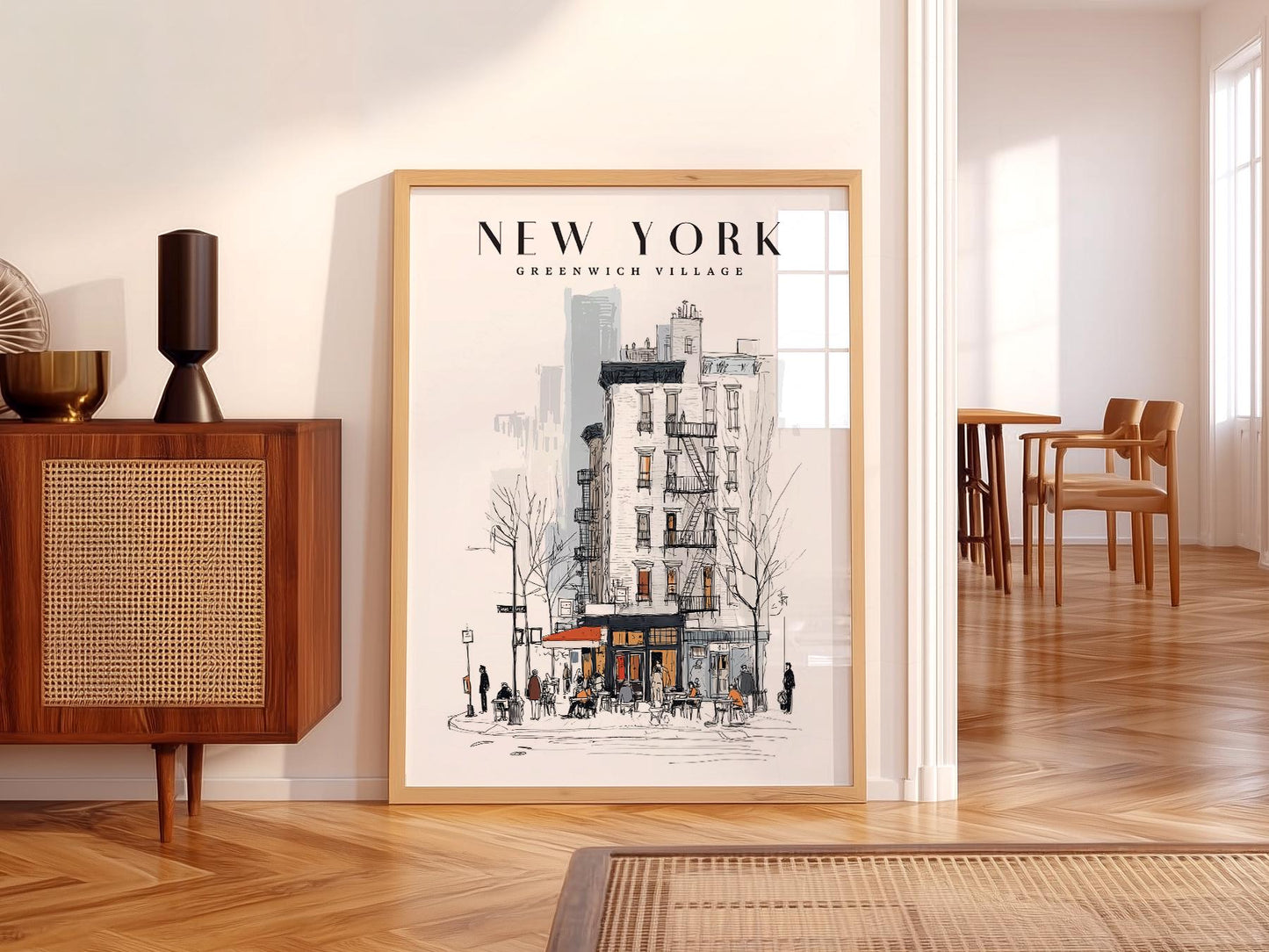 Greenwich Village New York sketch art print featuring brownstone buildings and cozy café street scene wall art.