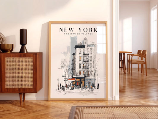 Greenwich Village New York sketch art print featuring brownstone buildings and cozy café street scene wall art.