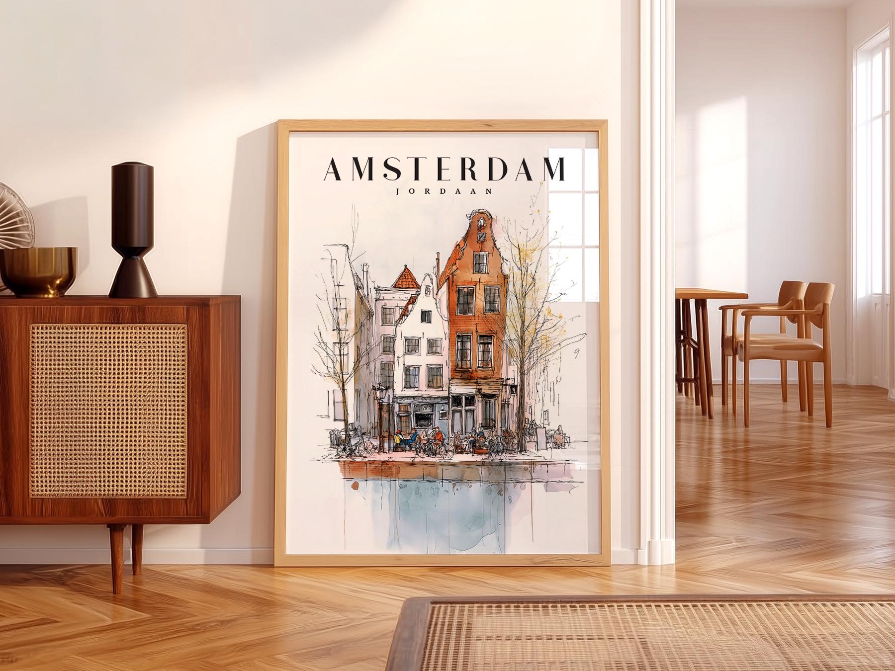Amsterdam Jordaan neighborhood watercolor sketch art print featuring Dutch canal houses and café terraces as wall art.