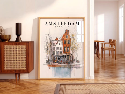 Amsterdam Jordaan neighborhood watercolor sketch art print featuring Dutch canal houses and café terraces as wall art.