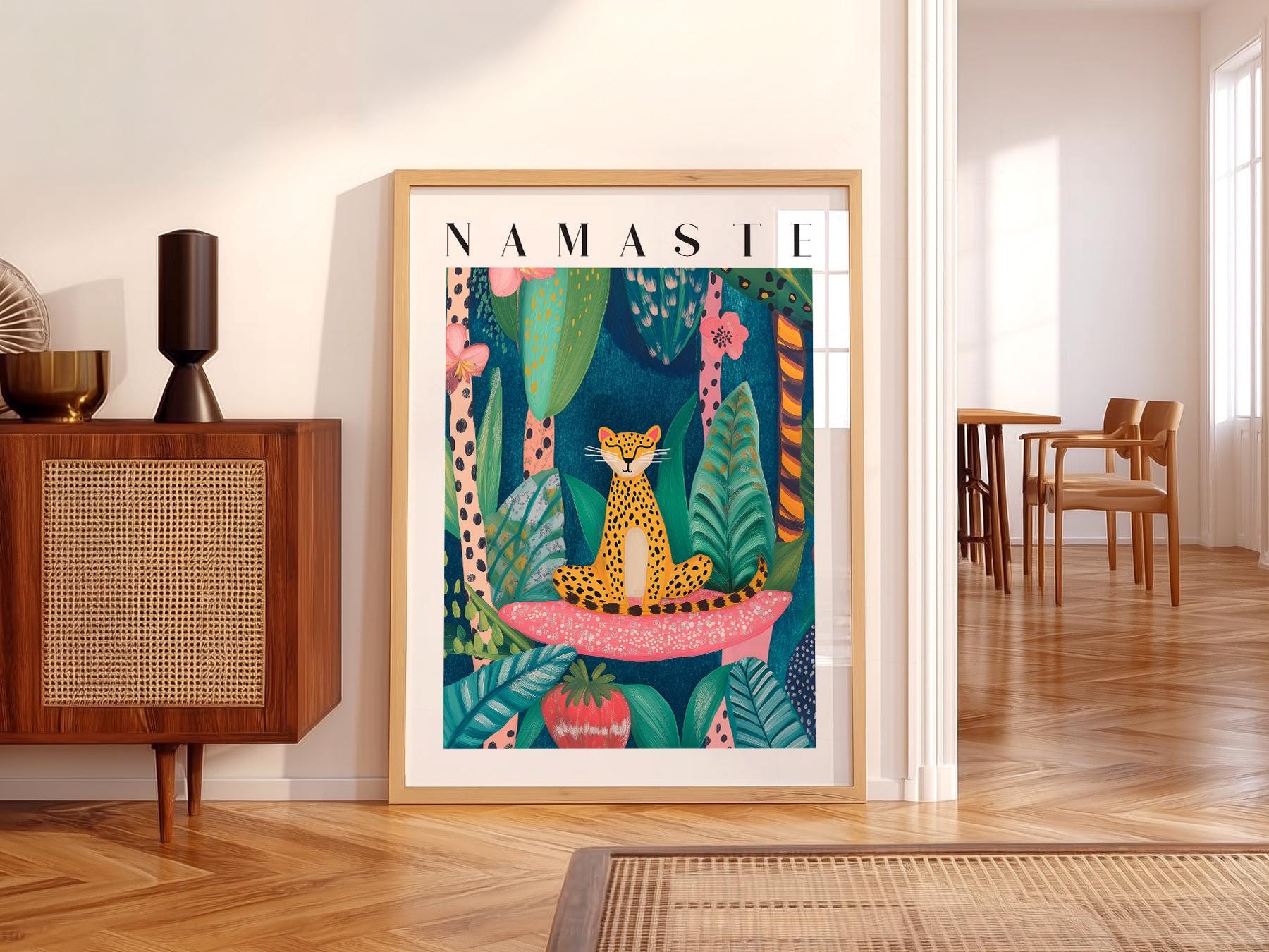 Namaste leopard art print featuring a serene spotted cat surrounded by colorful tropical jungle foliage wall art.