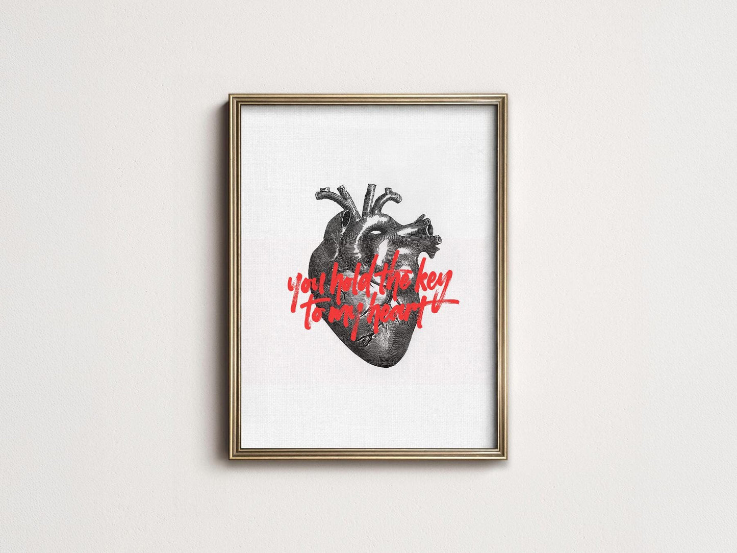 Anatomical heart art print with red script quote you hold the key to my heart romantic wall art