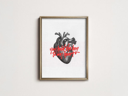 Anatomical heart art print with red script quote you hold the key to my heart romantic wall art