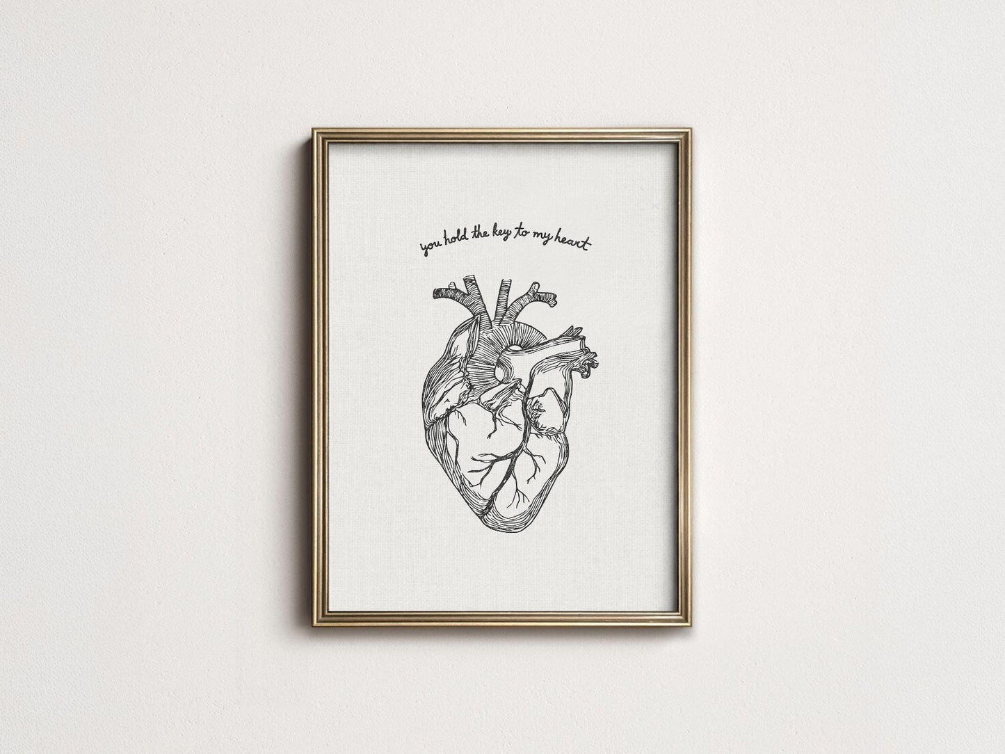 Anatomical heart art print with romantic quote you hold the key to my heart wall art poster