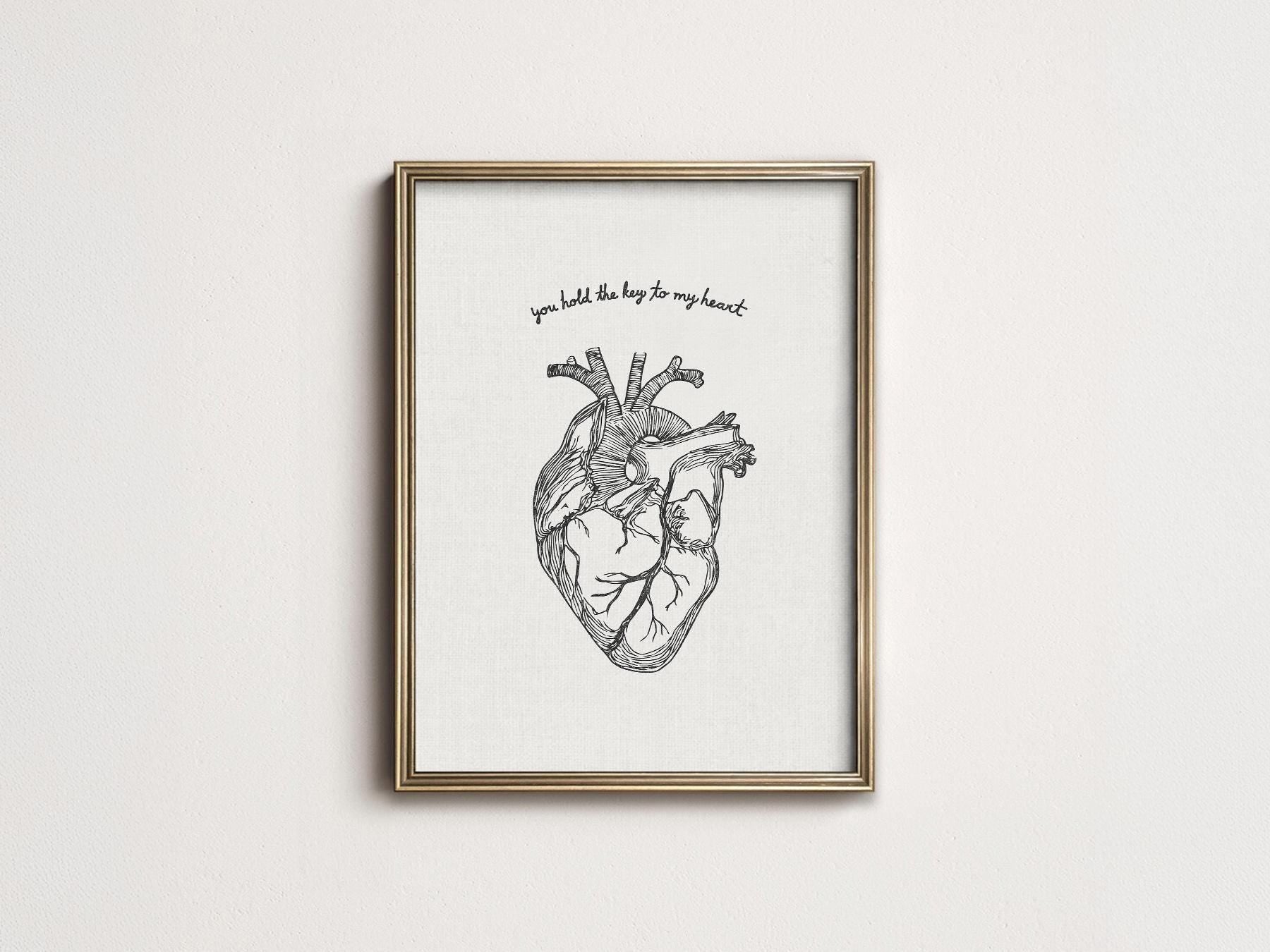 Anatomical heart art print with romantic quote you hold the key to my heart wall art poster