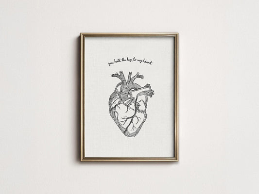 Anatomical heart art print with romantic quote you hold the key to my heart wall art poster