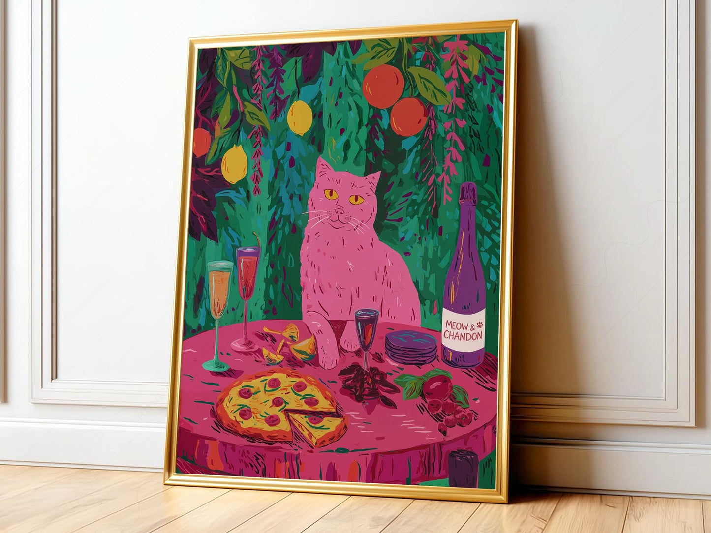 Pink cat sitting at a table with pizza and Meow Chandon champagne bottle colorful maximalist wall art print.