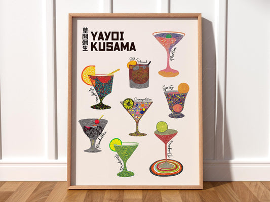 Yayoi Kusama inspired polka dot cocktails art print featuring colorful drinks in signature dotted style wall art.
