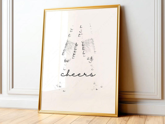 Minimalist cheers typography art print featuring champagne glasses made of letters, elegant bar cart wall art.