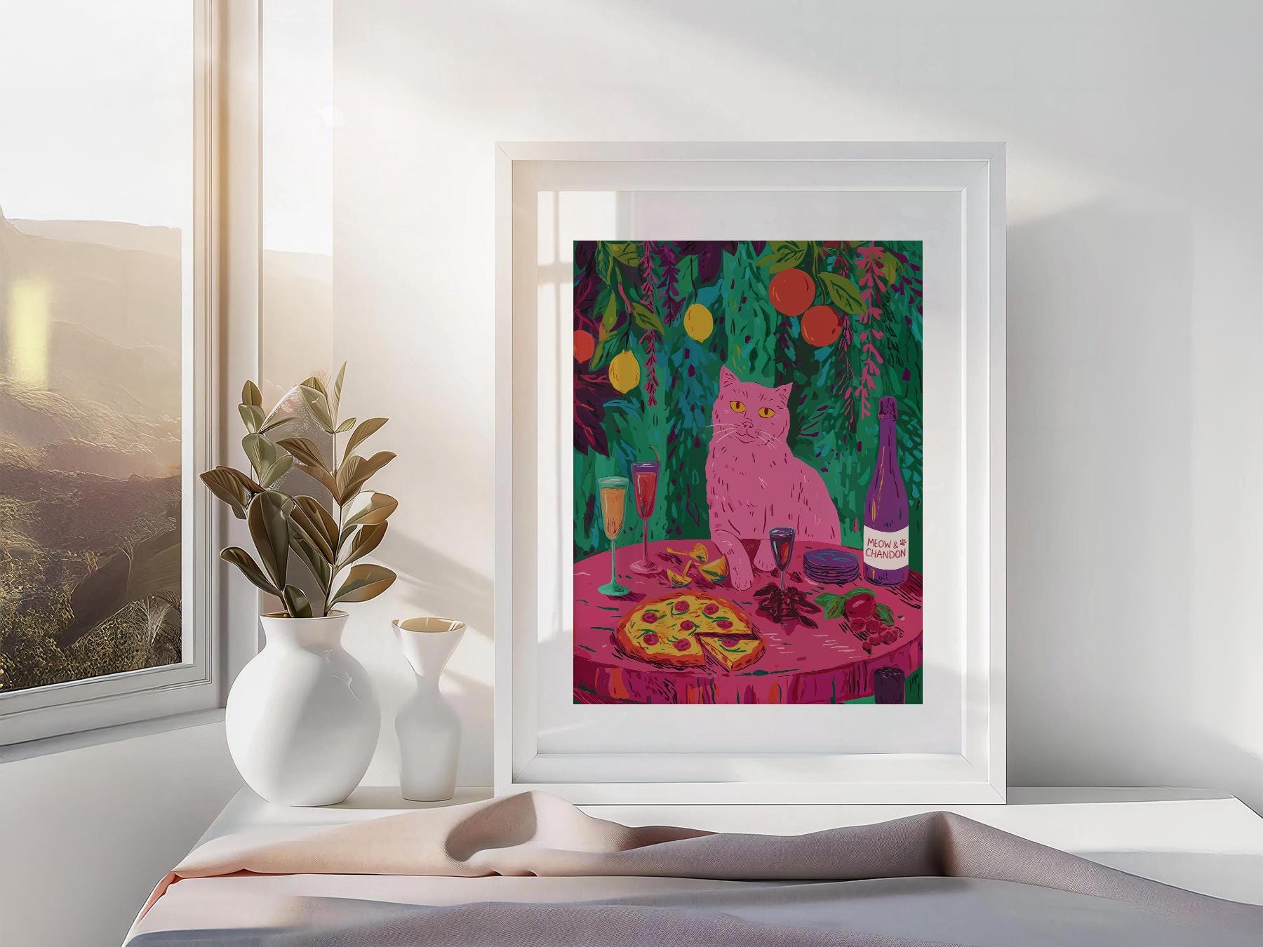 Meow Chandon Cat Print – Maximalist Kitchen Art Funny – high quality art print