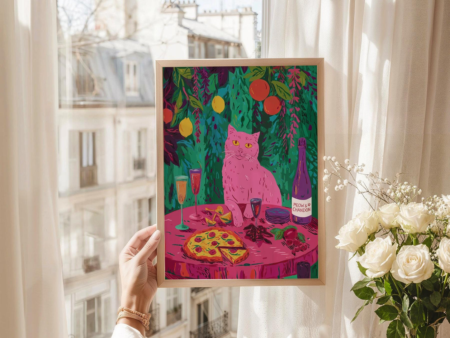 Meow Chandon Cat Print – Maximalist Kitchen Art Funny – gallery wall art poster