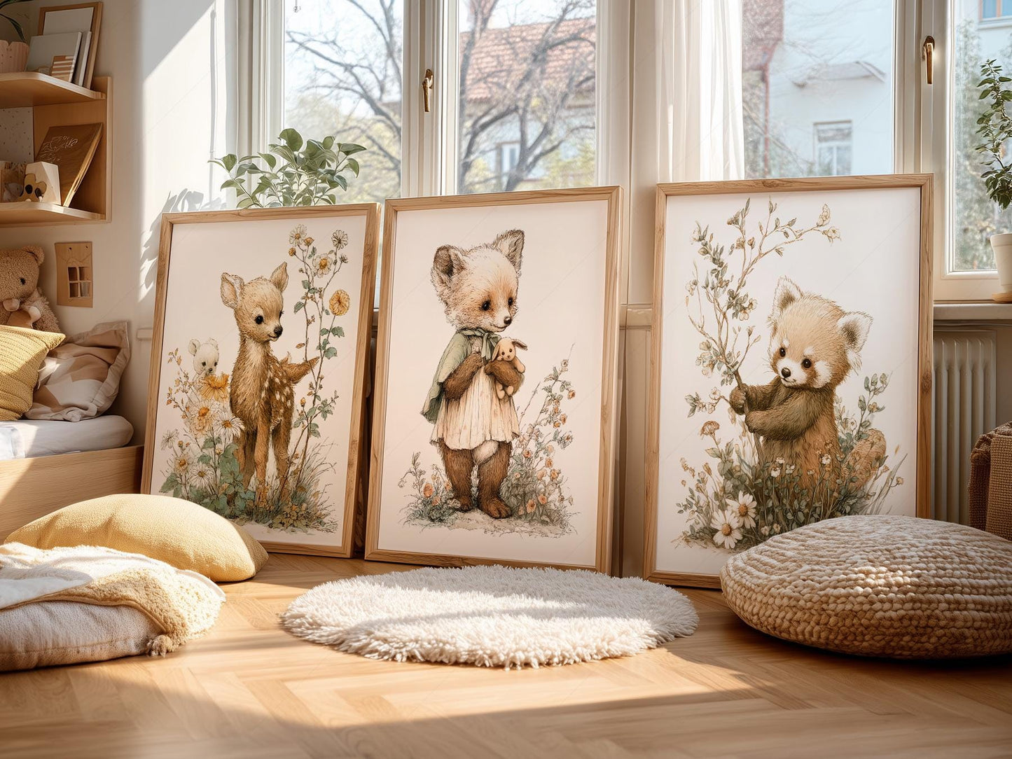 Woodland Nursery Art Set of 3 – Deer Fox Red Panda – nursery wall art for baby room