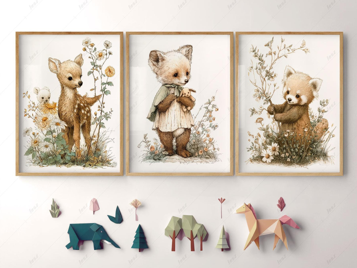 Woodland Nursery Art Set of 3 – Deer Fox Red Panda – framed nursery art print detail