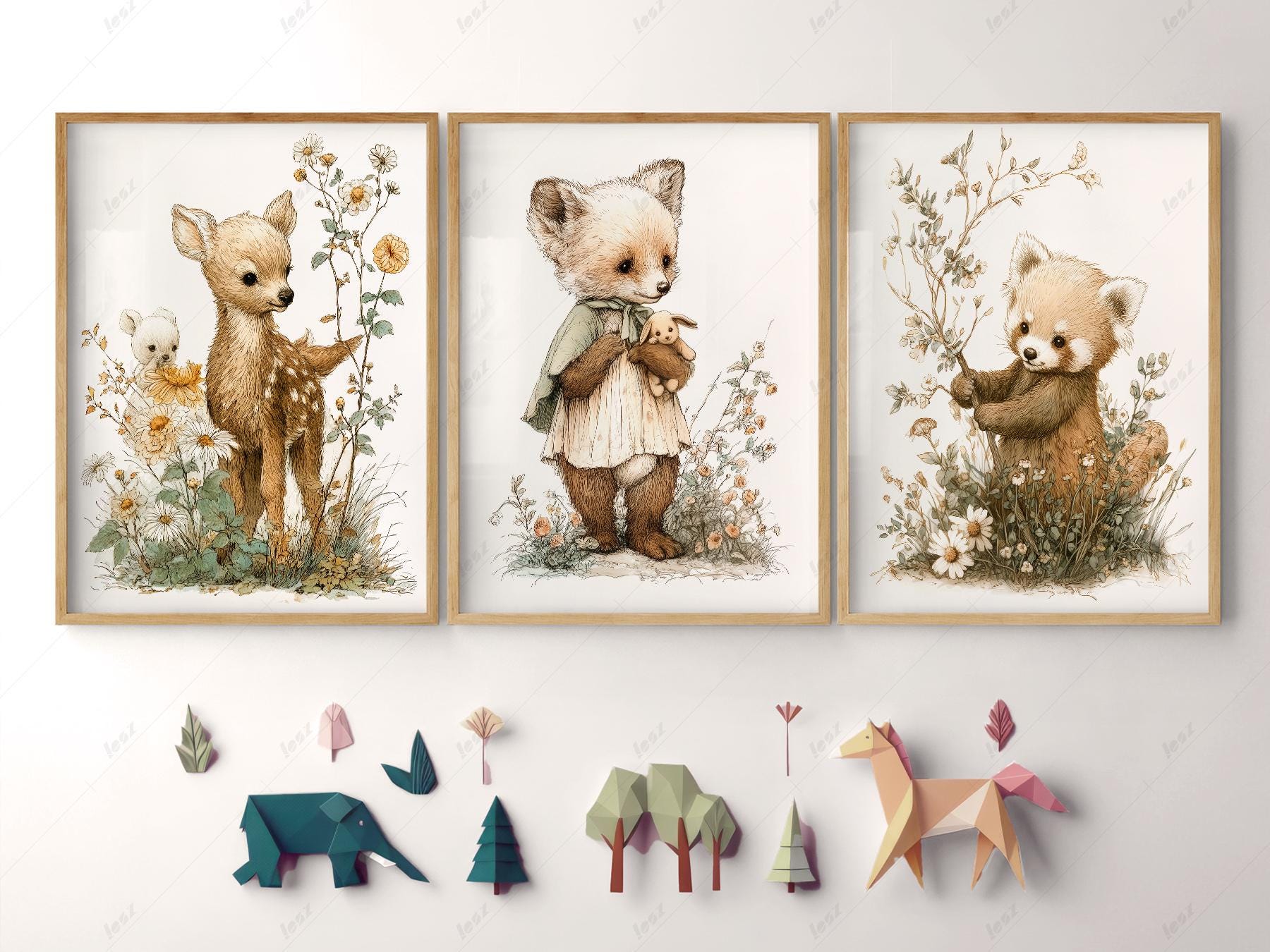 Woodland Nursery Art Set of 3 – Deer Fox Red Panda – framed nursery art print detail