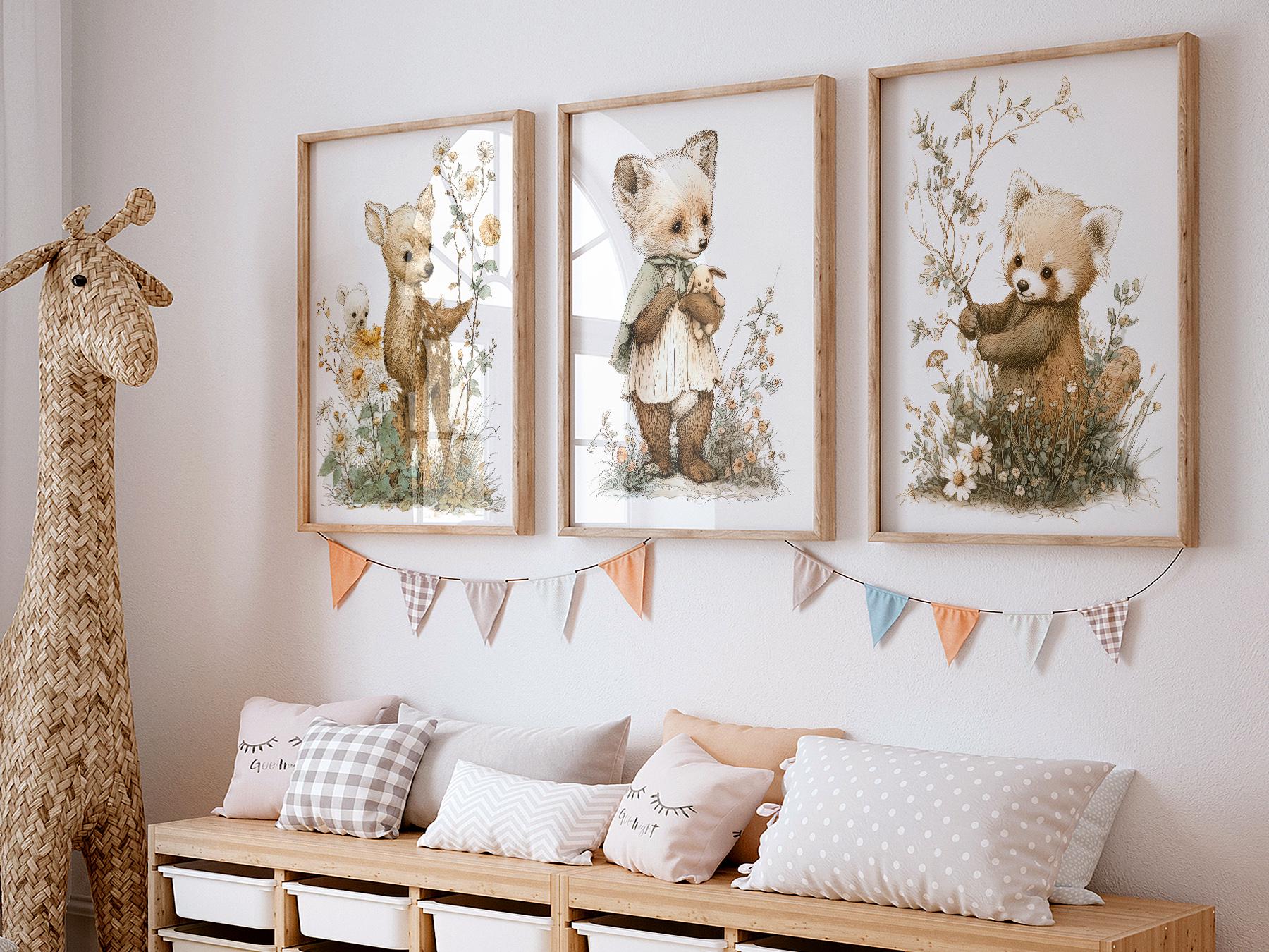 Woodland Nursery Art Set of 3 – Deer Fox Red Panda – children's illustration print