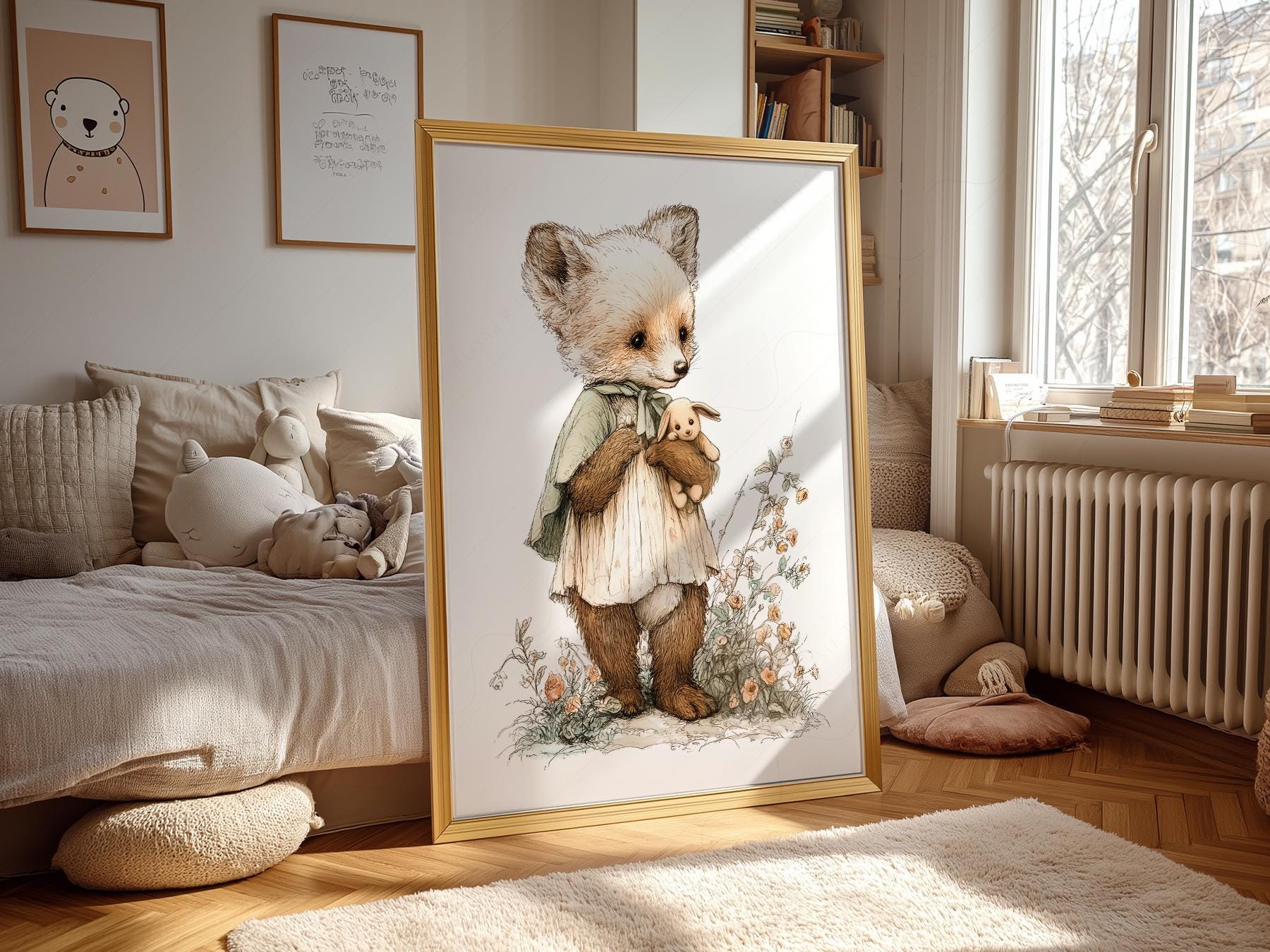 Storybook Fox Art Print – Vintage Woodland Nursery – framed nursery art print detail