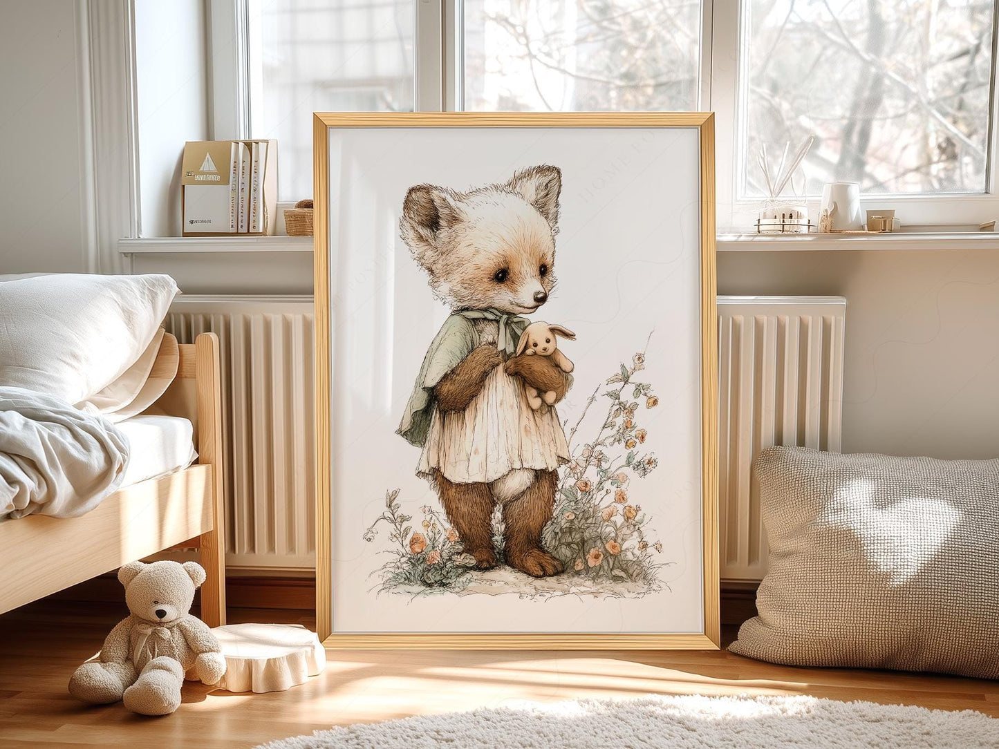Vintage storybook fox illustration holding a bunny among wildflowers, whimsical nursery wall art print.